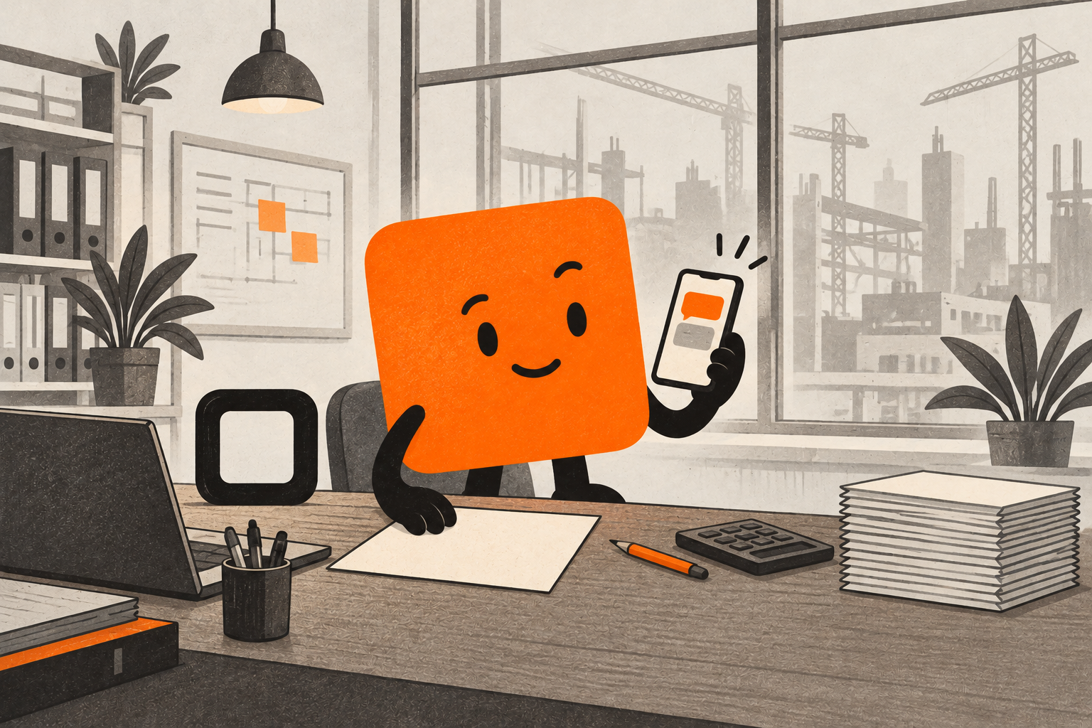 Stepí, o mascote laranja, olha um pedido de orçamento no celular, com uma folha em branco, um lápis e uma calculadora na mesa.
